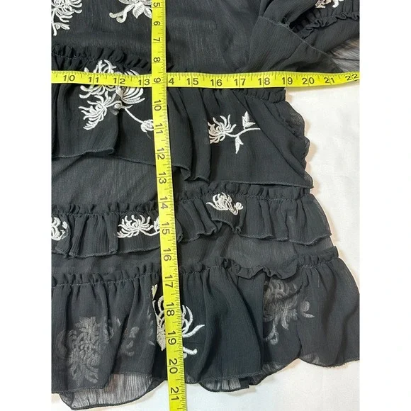 Zara Woman Floral Embroidered Ruffle Tiered Sheer Blouse Top Black M - Picture 4 of 5
